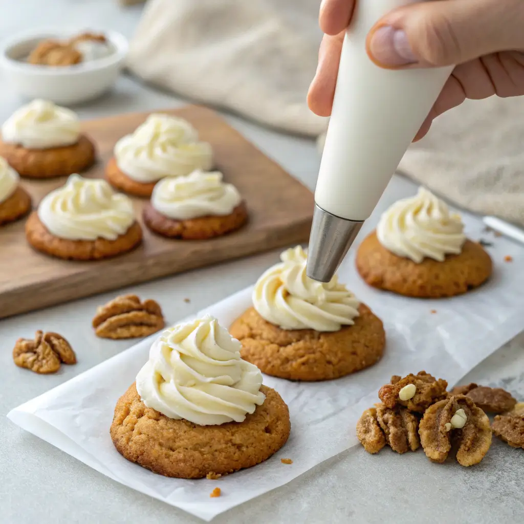 Piping cream cheese frosting onto carrot cake cookies