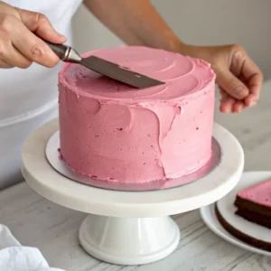 Applying pink buttercream to Harry Potter birthday cake
