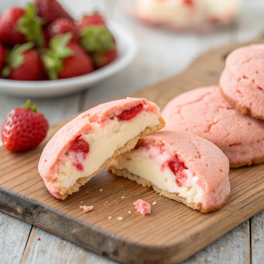 Strawberry cookie with stretchy cheesecake center being pulled apart