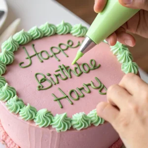 Piping green "HAPPEE BIRTHDAE" text on Harry Potter cake