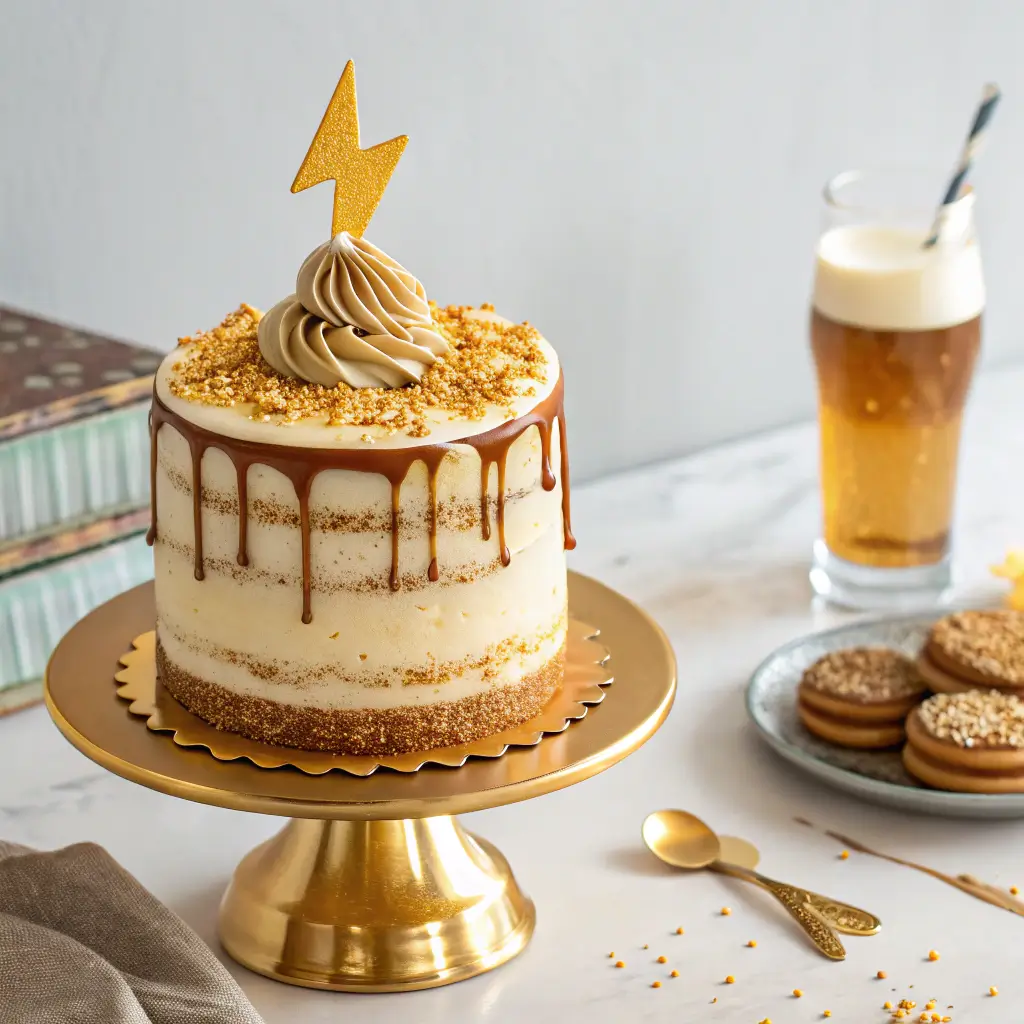 Butterbeer cake with butterscotch frosting and gold decorative elements