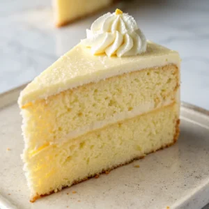 Close-up of vanilla cake slice showing soft, tender crumb texture.