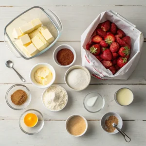 Baking ingredients for strawberry cheesecake cookies laid out on wooden surface