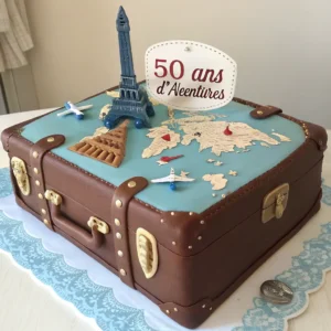 50th birthday cake shaped like vintage suitcase with travel-themed decorations