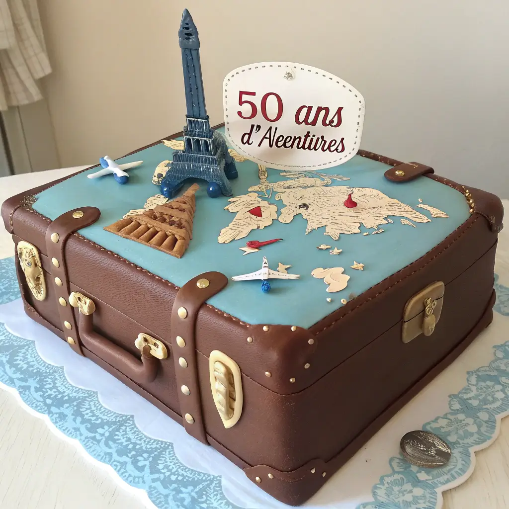 50th birthday cake shaped like vintage suitcase with travel-themed decorations