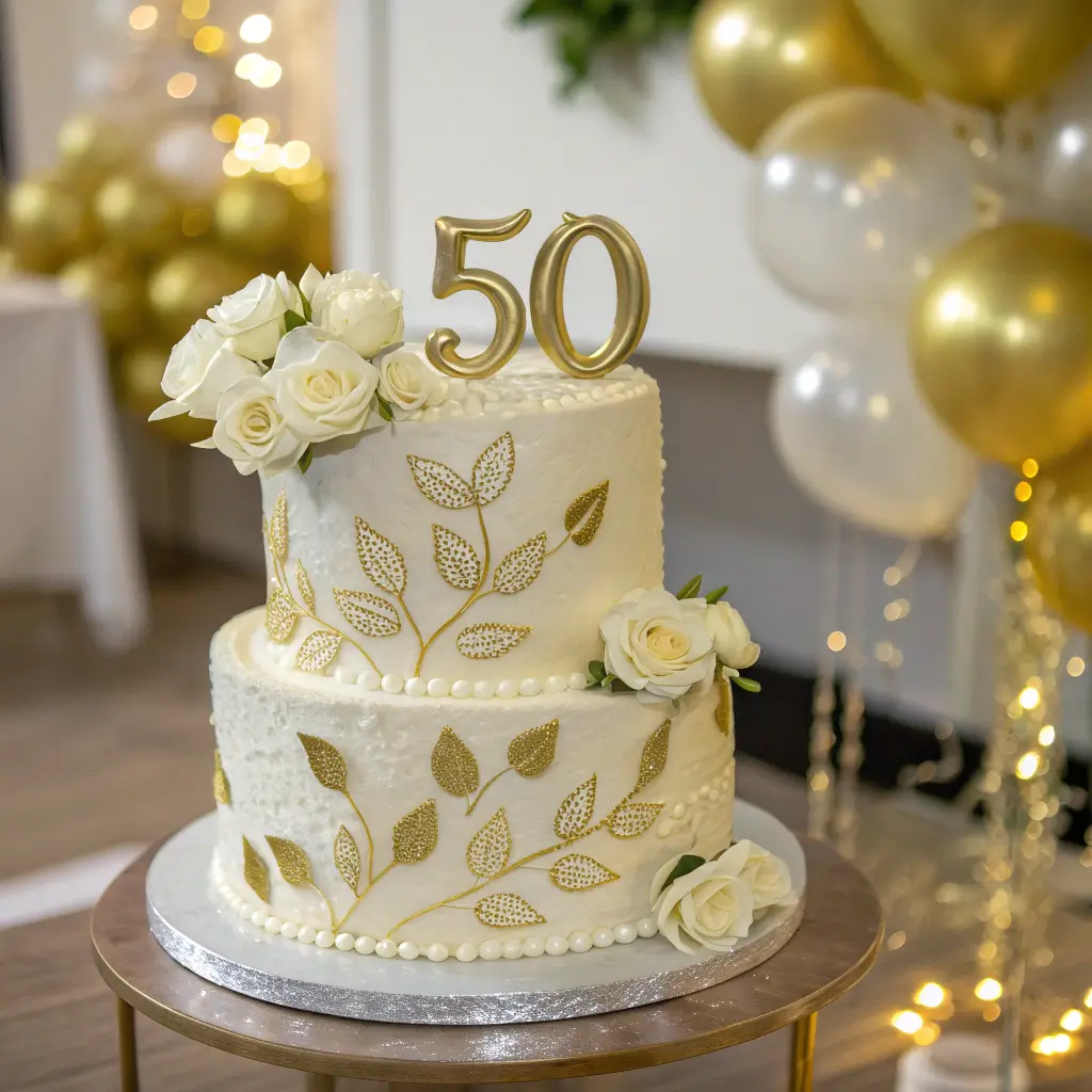 Elegant two-tier 50th birthday cake with gold decorations and white roses