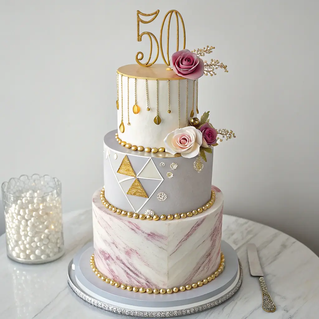 Elegant marbled 50th birthday cake with rose gold decorations and geometric details