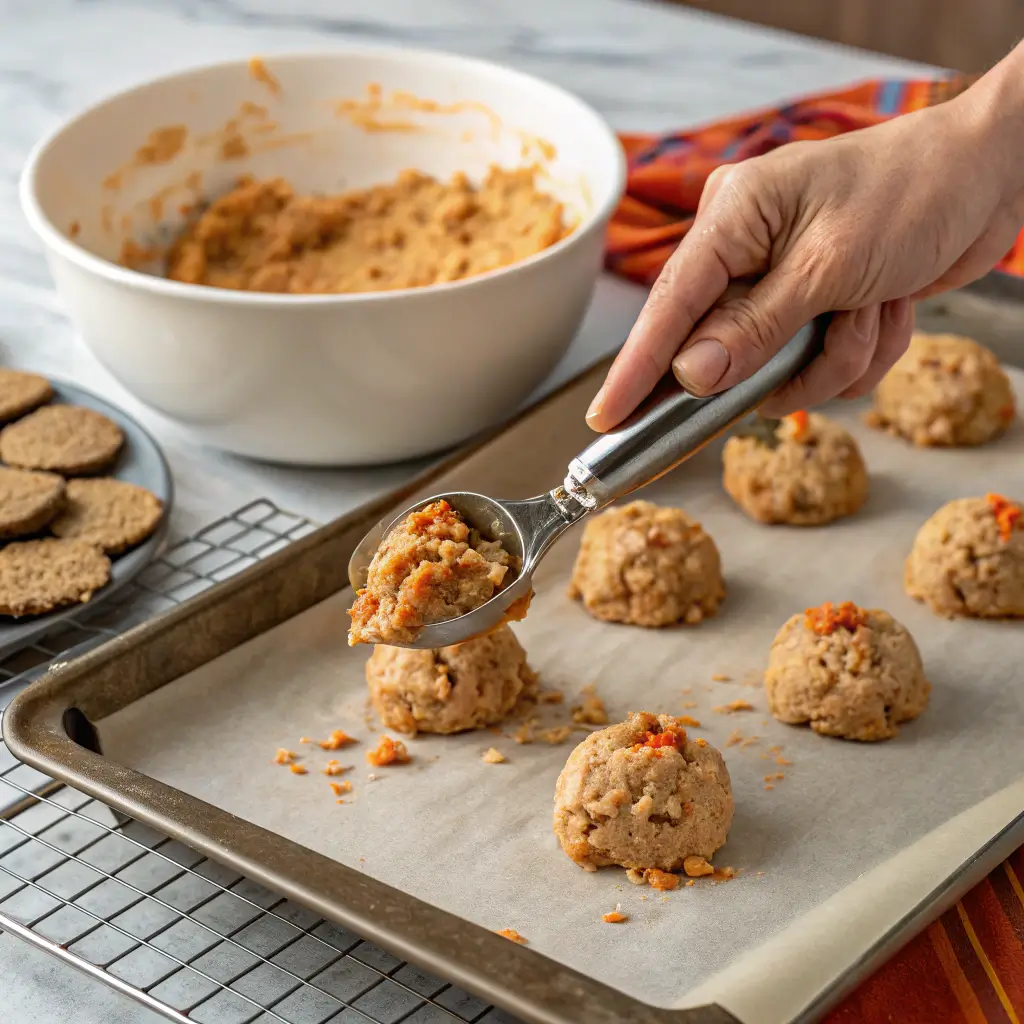 Scooping carrot cookie dough onto baking tray with parchment