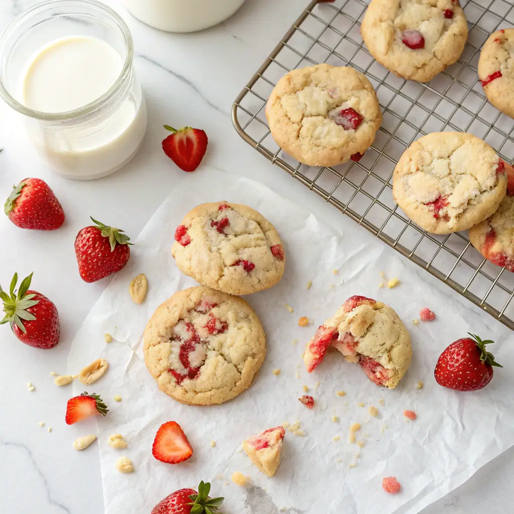 Homemade strawberry cheesecake cookies with creamy centers and golden edges