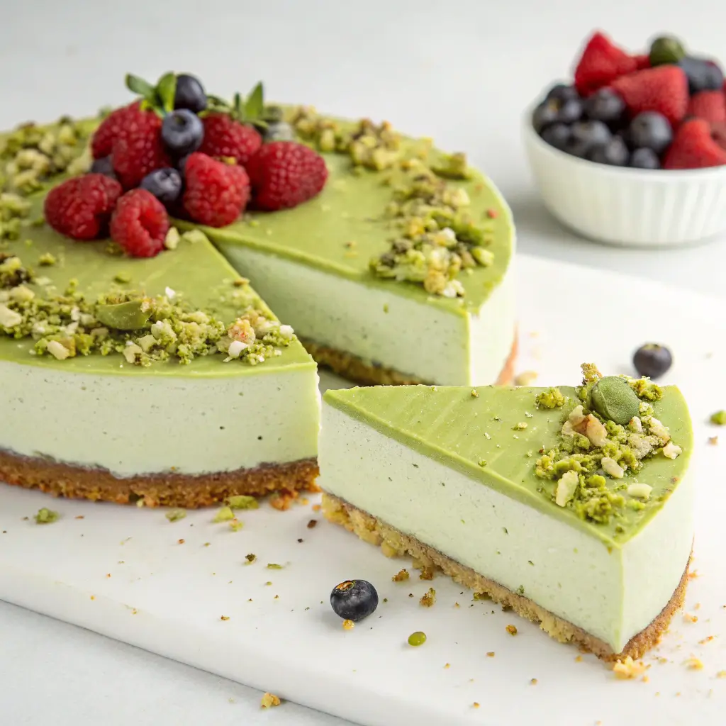 A slice of creamy pistachio cheesecake topped with crushed pistachios and fresh berries, served on a white board.