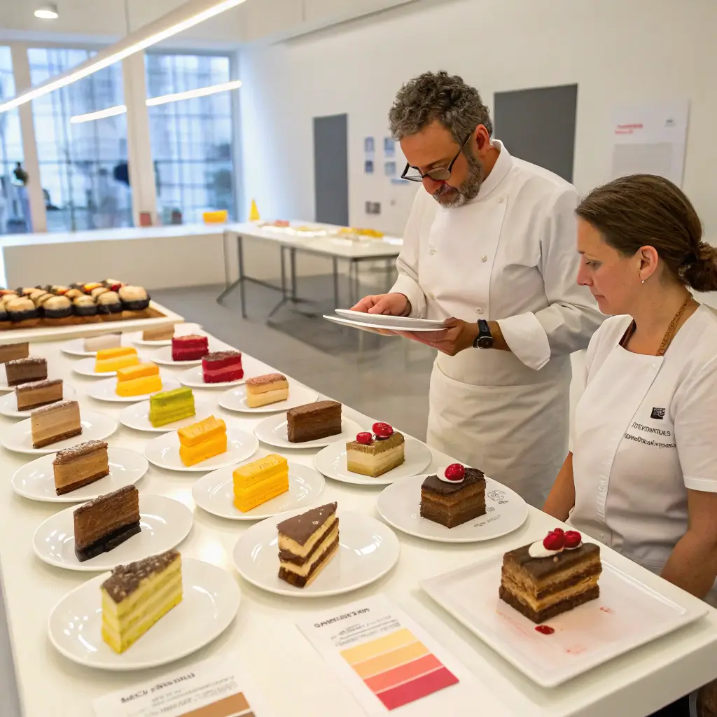Flavor tasting session for 50th birthday cake with pastry chef and clients