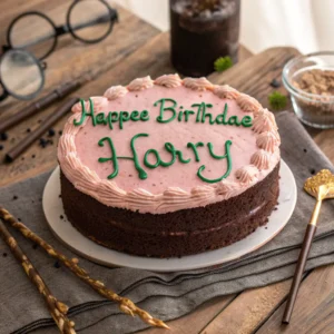 Hagrid's iconic pink birthday cake for Harry Potter with green lettering