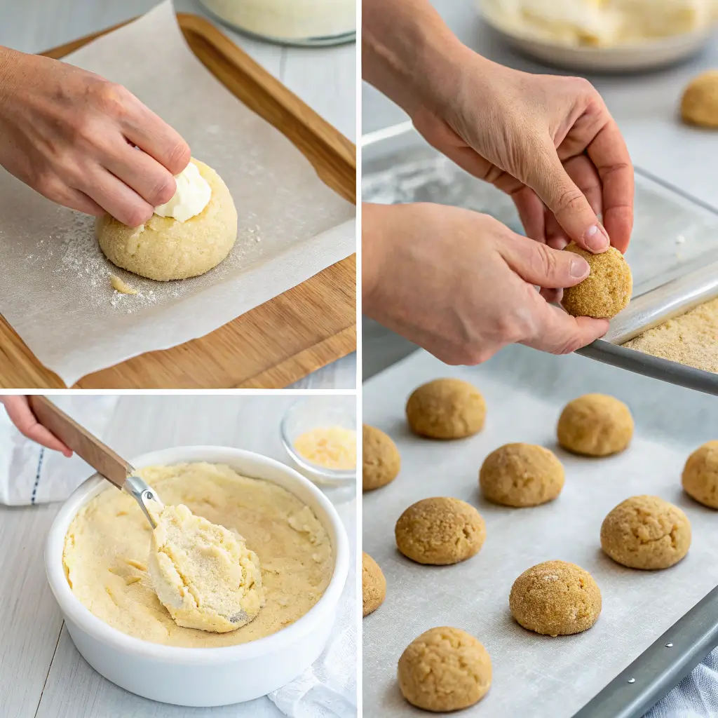 Step-by-step assembly of strawberry cheesecake cookie dough