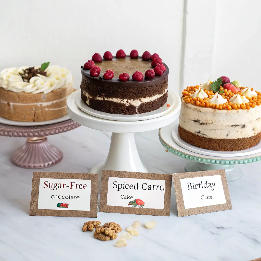 Three sugar-free cake variations: chocolate, carrot, and birthday cake