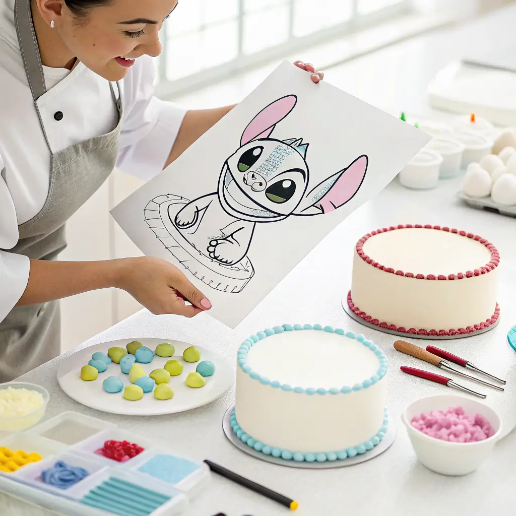 Cake decorator planning a Stitch cake using a printed character template