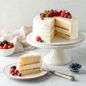 Moist three-layer sugar-free vanilla cake with white frosting on cake stand