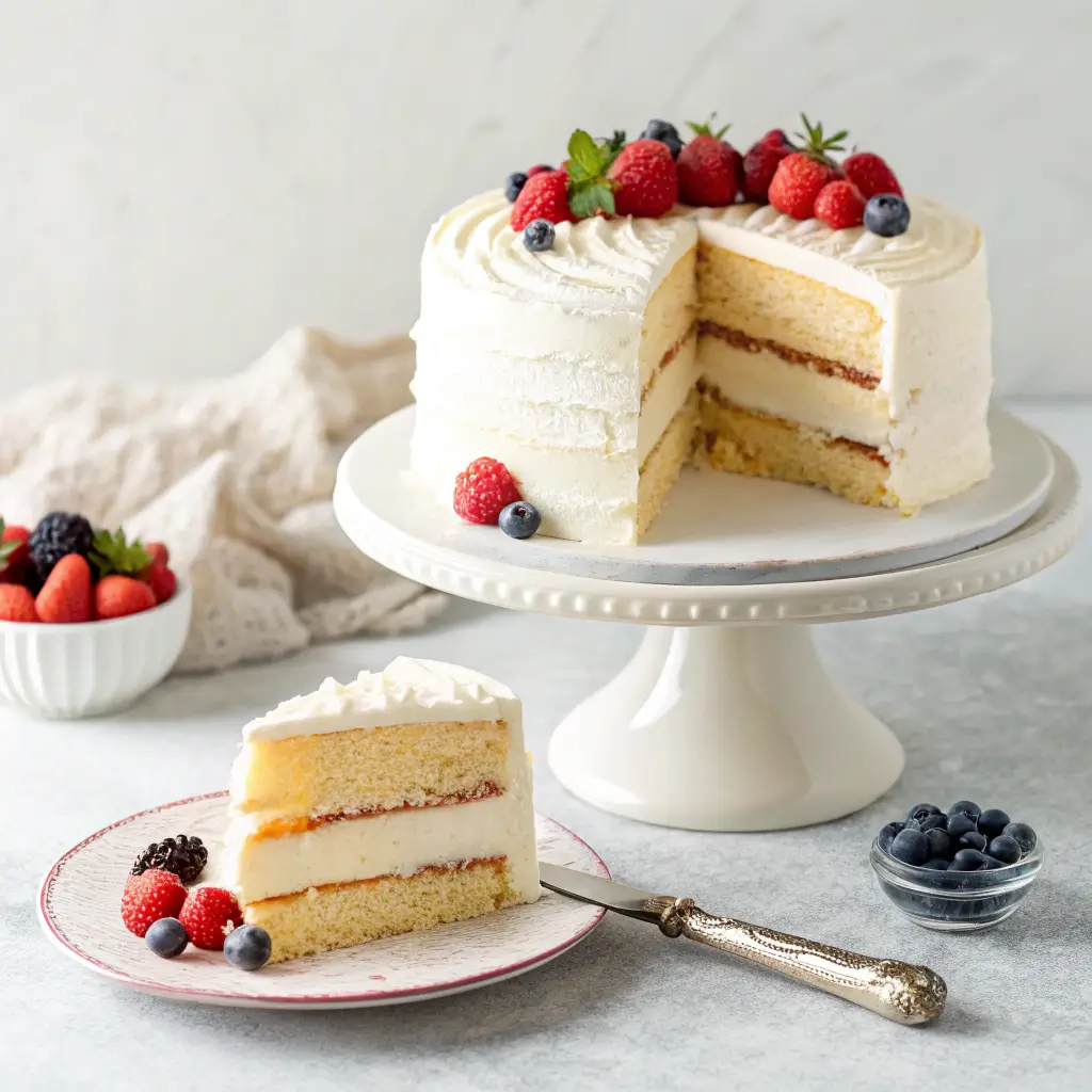 Moist three-layer sugar-free vanilla cake with white frosting on cake stand