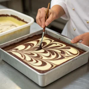 Skewer swirling cheesecake batter into brownie layer in a baking pan
