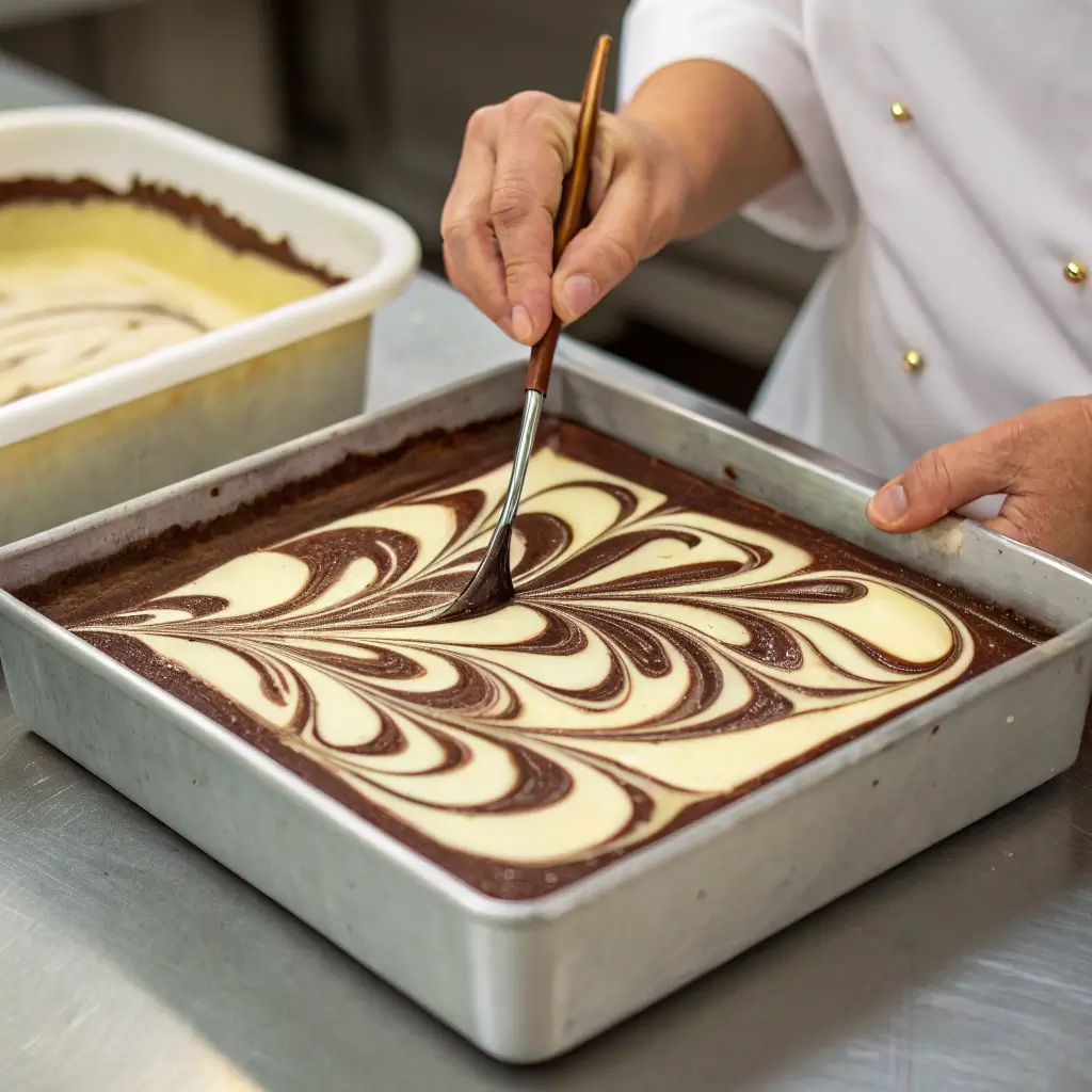 Skewer swirling cheesecake batter into brownie layer in a baking pan