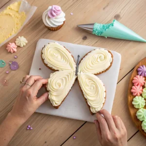 Arranging cake semicircles to form butterfly wings on frosted cupcake base