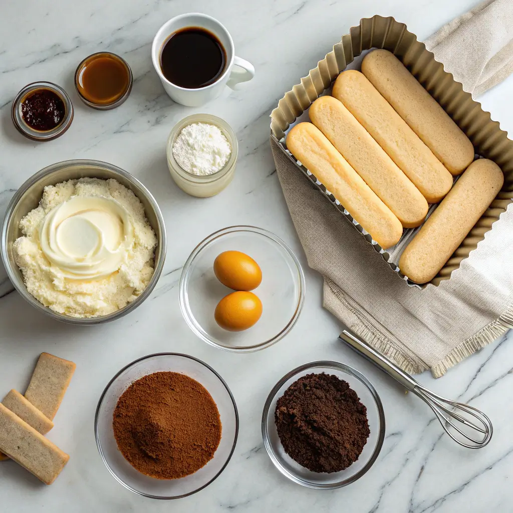 Flat lay of ingredients needed for tiramisu cheesecake recipe