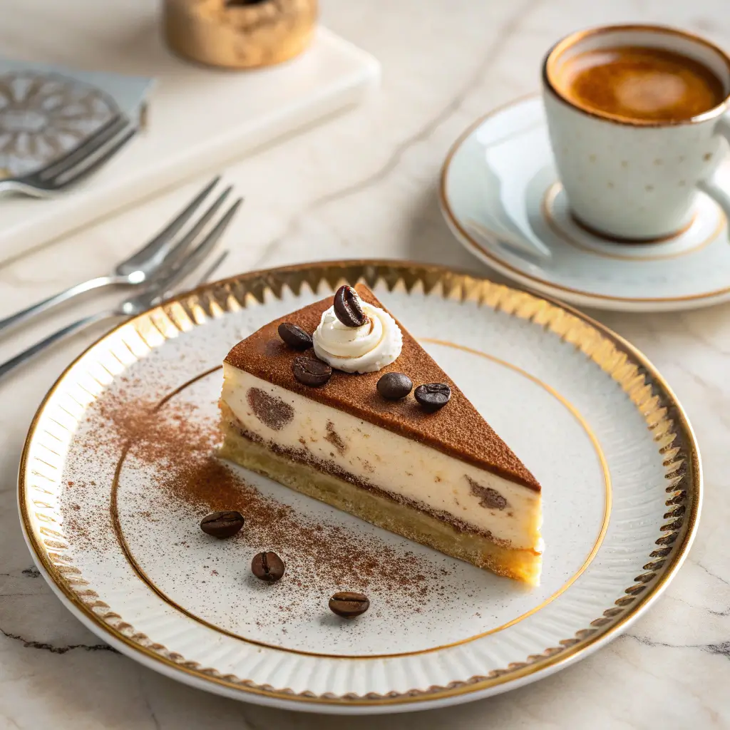 Elegantly plated tiramisu cheesecake slice with espresso