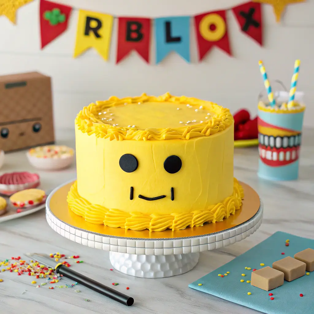 Roblox Noob cake centerpiece with yellow frosting and black face details