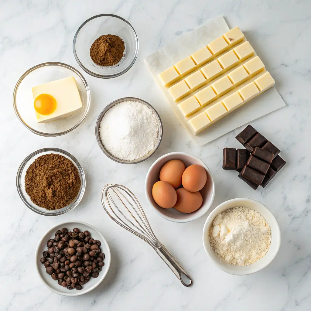 Flat-lay of cheesecake brownie ingredients on marble surface
