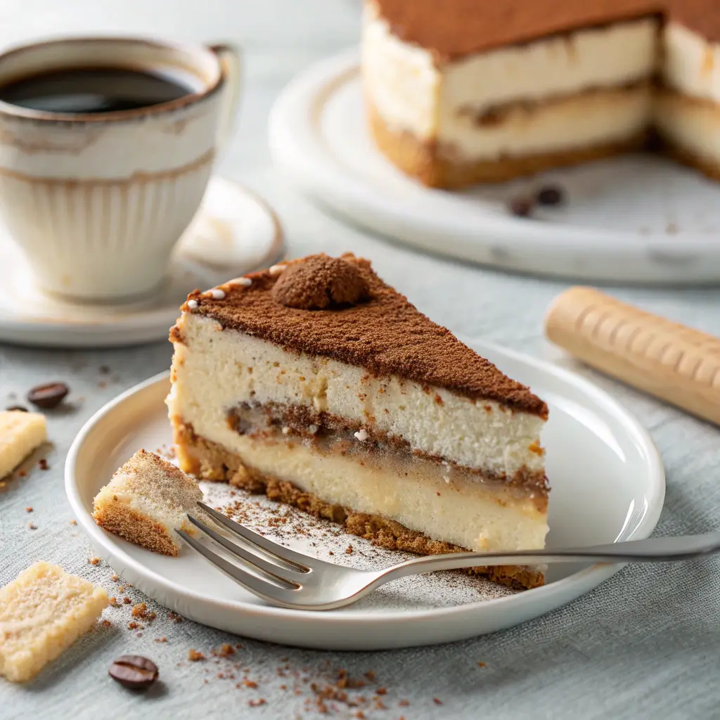 Slice of tiramisu cheesecake with visible coffee-soaked ladyfinger layer and cocoa dusting