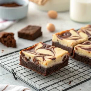Hand lifting a warm marbled cheesecake brownie square from a rack