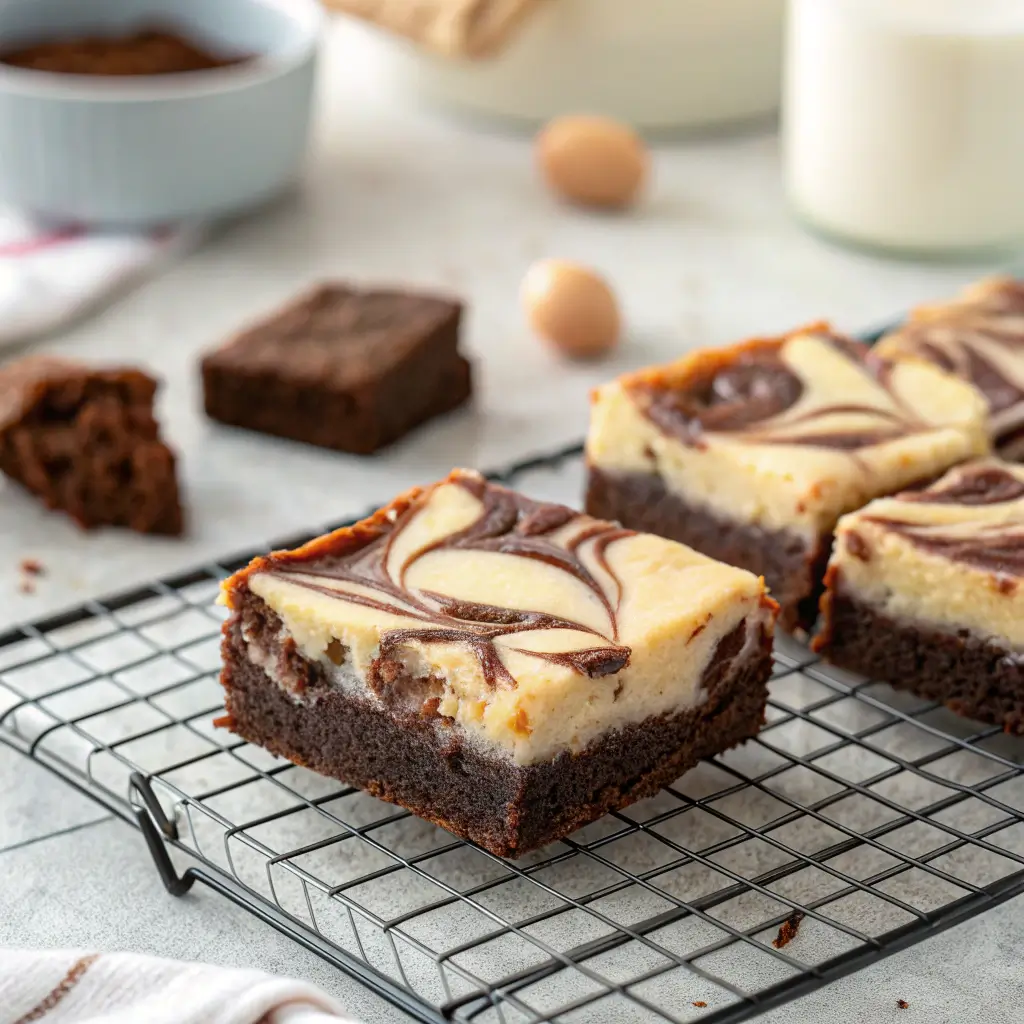 Hand lifting a warm marbled cheesecake brownie square from a rack