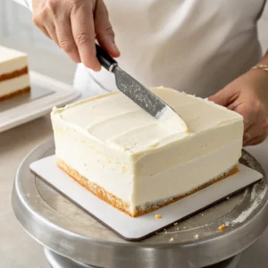 Applying buttercream crumb coat to cake with offset spatula