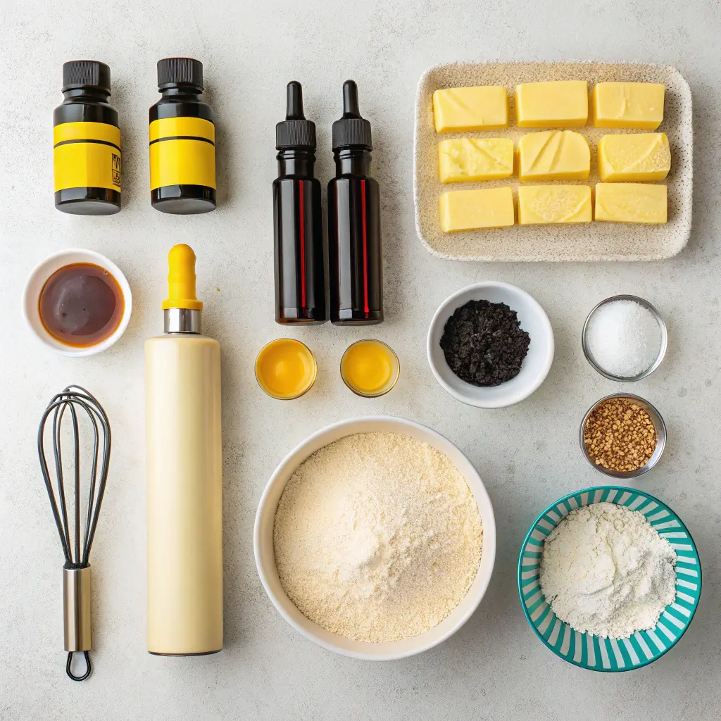 Roblox cake ingredients and baking supplies on a counter