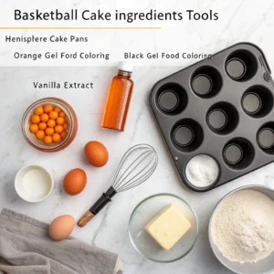 Baking supplies and ingredients for basketball cake tutorial