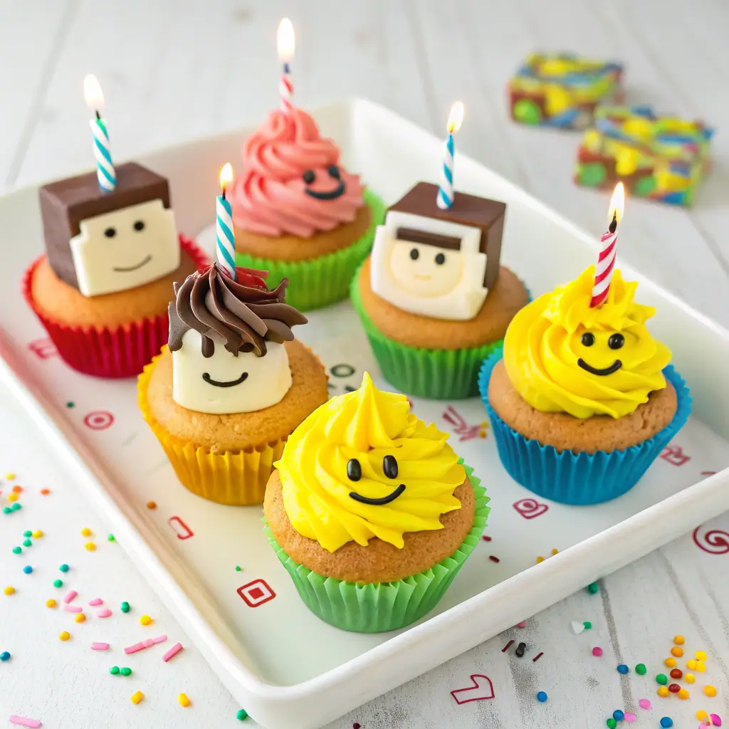 Roblox cupcakes decorated with yellow faces and simple black expressions