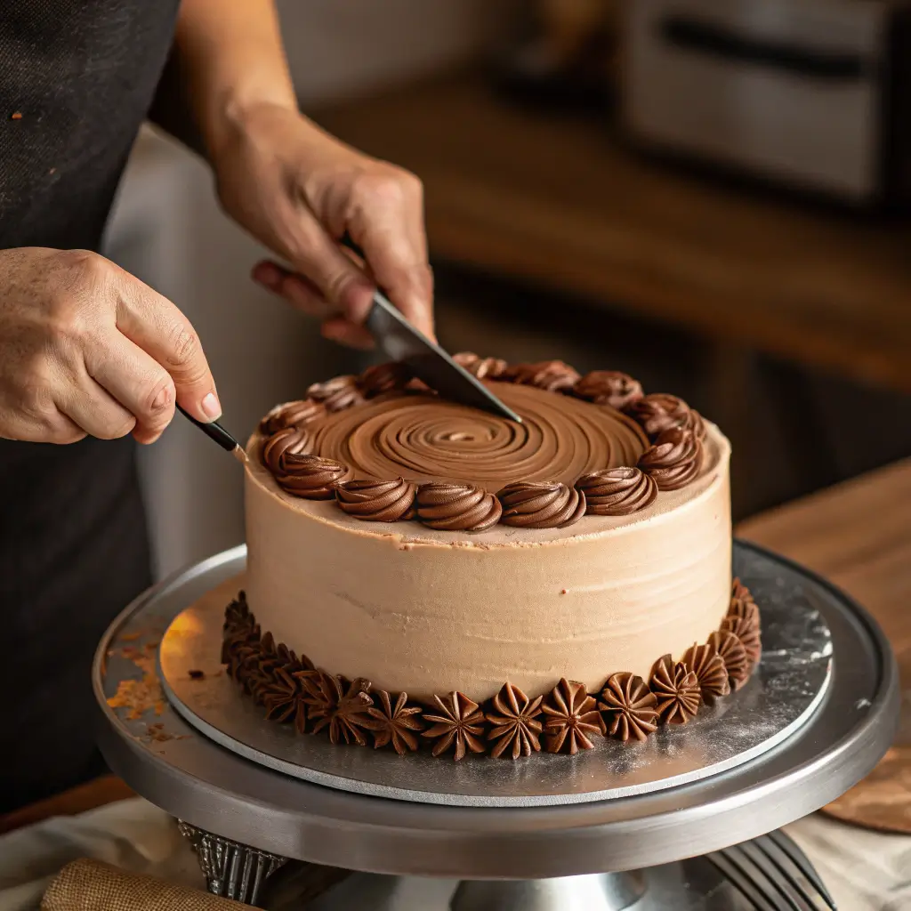 A person applies chocolate fudge frosting to a two-layer cake using an offset spatula.