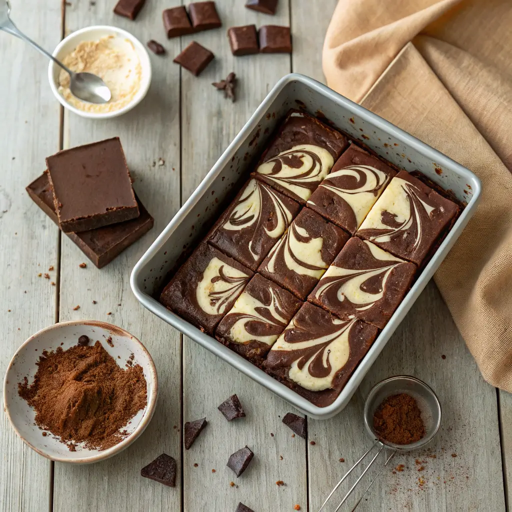 Overhead view of marbled cheesecake brownies in a pan with scattered ingredients on a wooden table