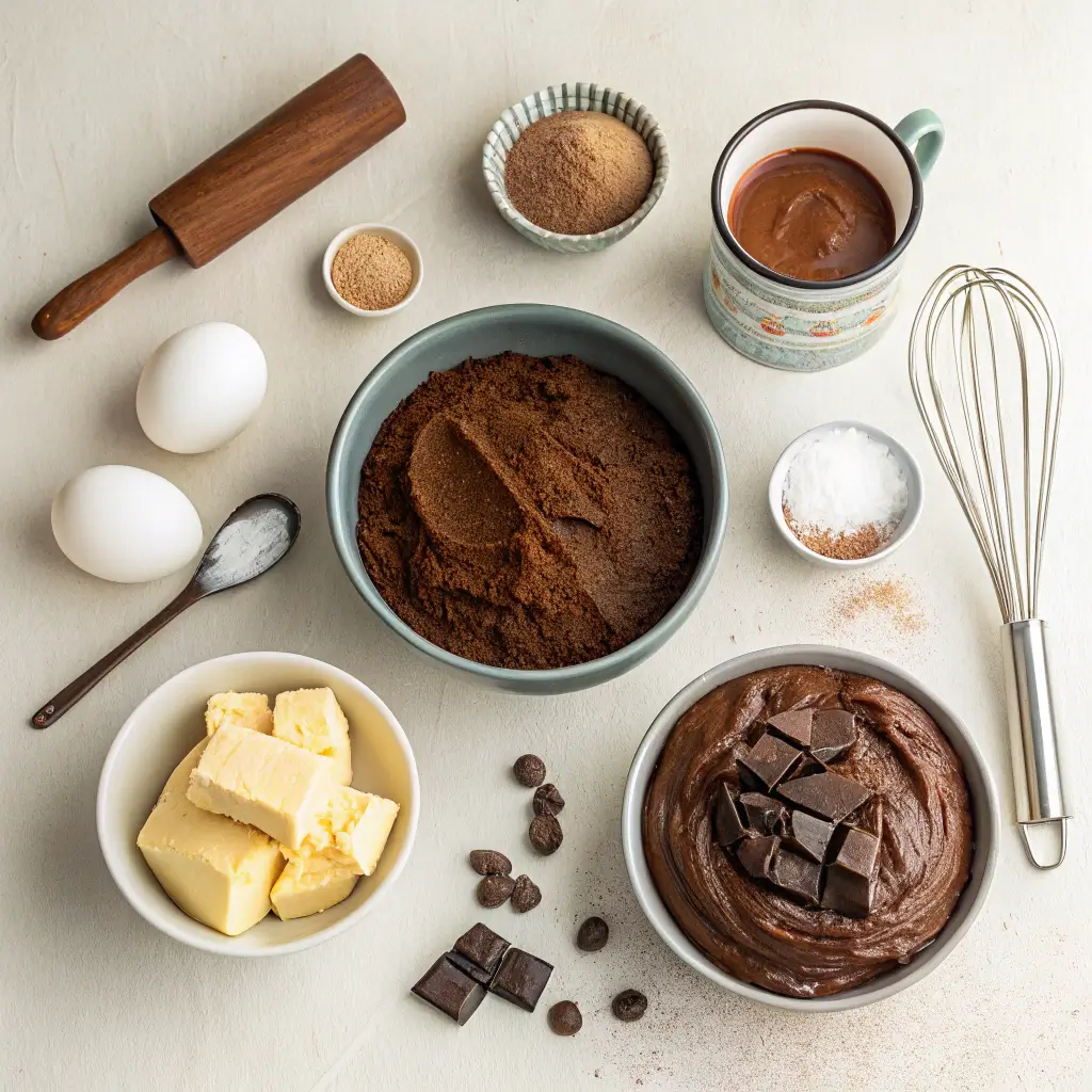 Flat lay of chocolate cake ingredients including cocoa, flour, eggs, buttermilk, coffee, and butter.