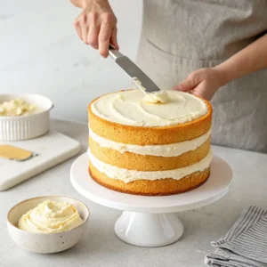 Assembling sugar-free cake layers with vanilla buttercream frosting