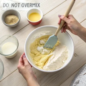 Gently folding dry ingredients into wet ingredients for sugar-free cake batter