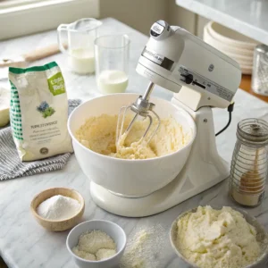 Stand mixer creaming butter with sugar-free sweetener until light and fluffy