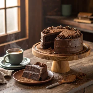 A rich two-layer chocolate cake with glossy fudge frosting, styled like the iconic Matilda movie cake, on a rustic wooden cake stand.