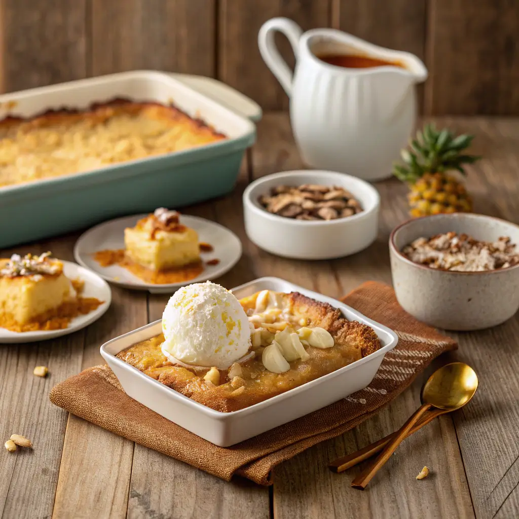 Pineapple dump cake served with various toppings