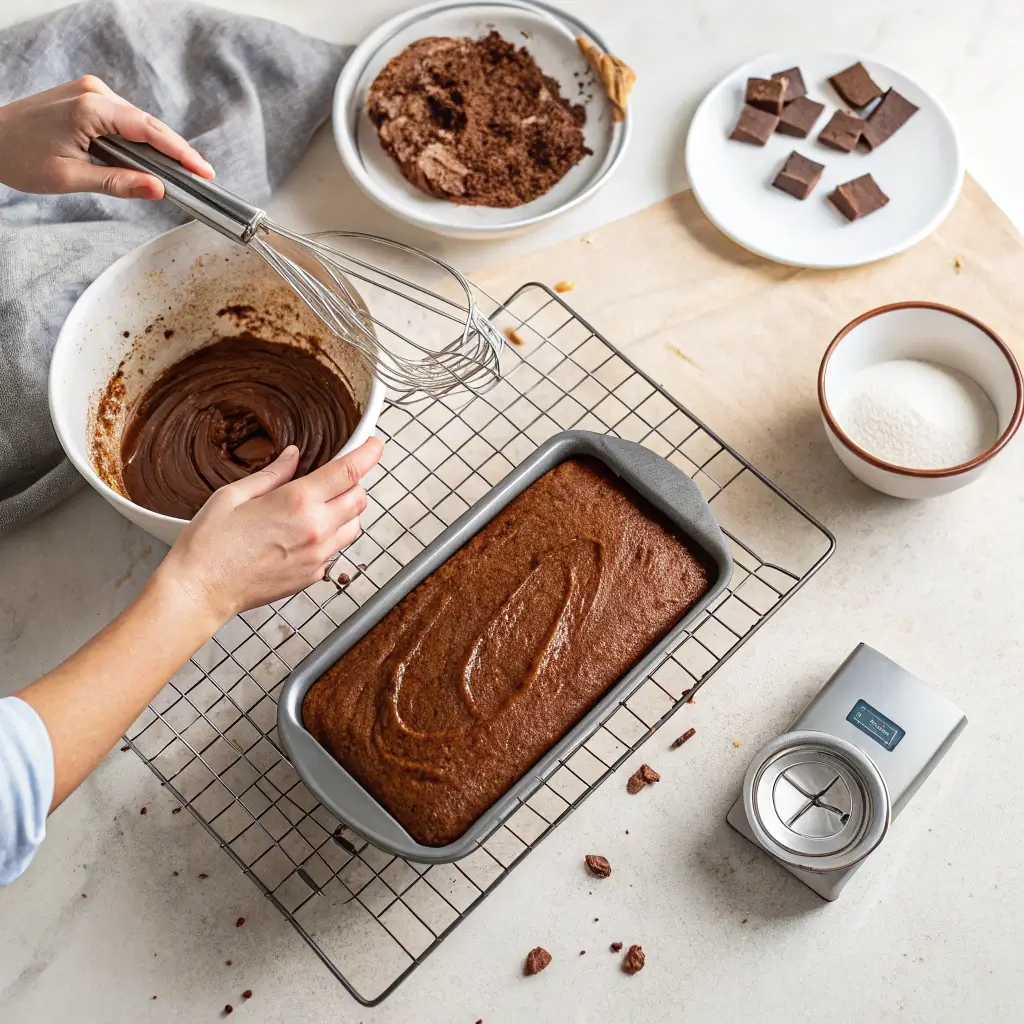 Step-by-step view of moist chocolate cake preparation including batter mixing and baking stages.