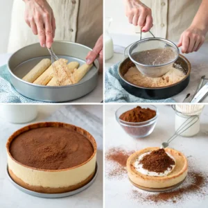 Four-stage process of making tiramisu cheesecake