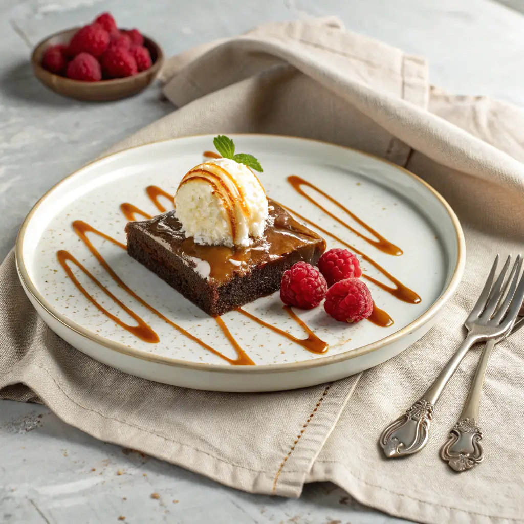 Cheesecake brownie slice plated with ice cream and raspberries