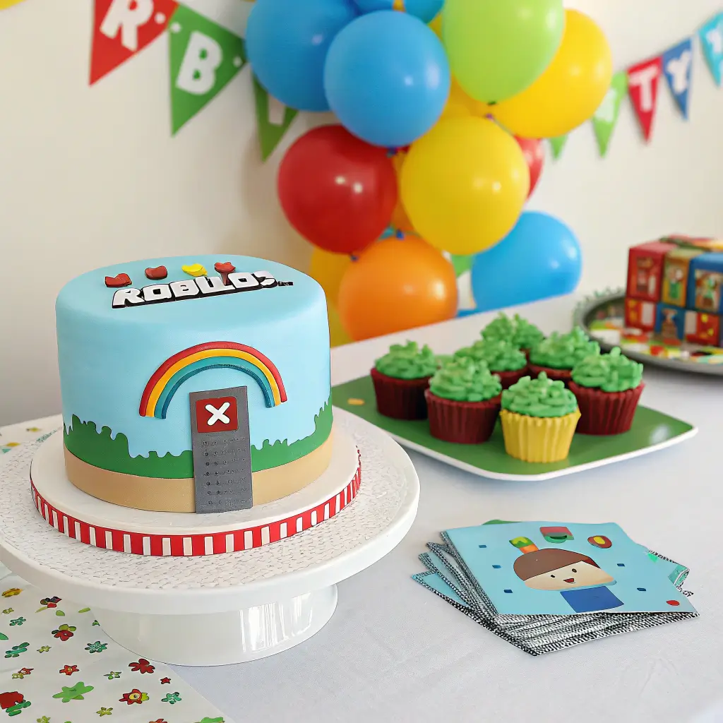 Roblox birthday party setup with Noob cake centerpiece
