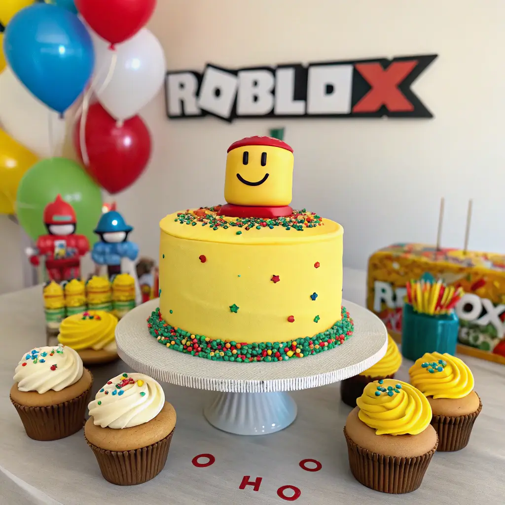 Roblox Noob birthday cake on decorated party table