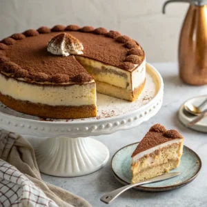Whole tiramisu cheesecake with one slice being removed showing inner layers