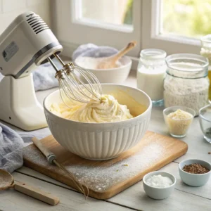 Electric mixer creating fluffy buttercream frosting for butterfly cake decoration